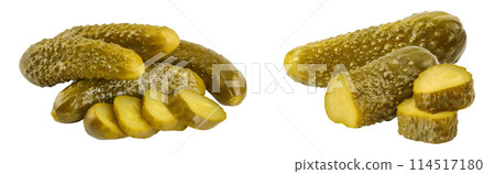 Marinated pickled cucumber isolated on white background with  full depth of field 114517180