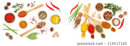 mix of spices in wooden spoon isolated on a white background. Top view. Flat lay. Set or collection 114517185