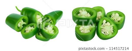 jalapeno peppers isolated on white background. Green chili pepper with full depth of field. jalapeno peppers isolated on white background. Green chili pepper with full depth of field. 114517214