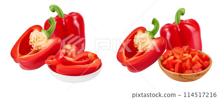 slices of red sweet bell pepper in ceramic bowl isolated on white background slices of red sweet bell pepper in ceramic bowl isolated on white background 114517216