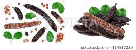 Ripe carob pods and bean isolated on white background with  full depth of field. Top view. Flat lay 114517220