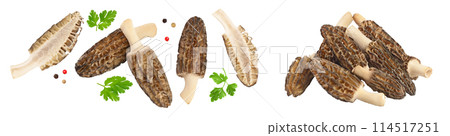 raw morel mushroom isolated on white background with full depth of field. Top view. Flat lay. 114517251