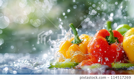 Fresh Bell Peppers Being Washed in Bright Daylight 114517269