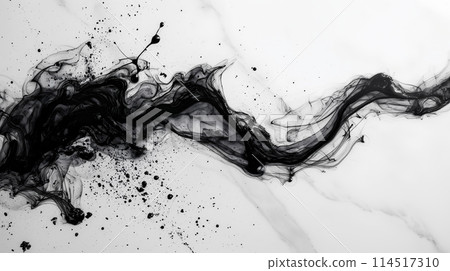 Abstract Black Ink Swirling and Diffusing in Water Against White Background 114517310