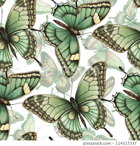 A colorful butterfly pattern with various shades of blue, green, and red. The butterflies are arranged in a way that creates a sense of movement and harmony. Scene is one of joy and beauty 114517337