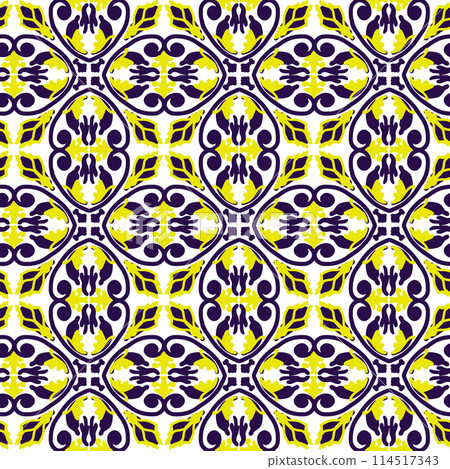 A pattern of yellow and blue ornament with a white background. The flowers are arranged in a way that creates a sense of movement and energy. The colors are bright and cheerful 114517343