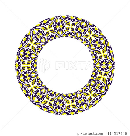 A circle with a pattern of yellow and blue ornament. The circle is white and the flowers are in different sizes and shapes. A circle with a pattern of yellow and blue ornament. The circle is white and the flowers are in different sizes and shapes. 114517346
