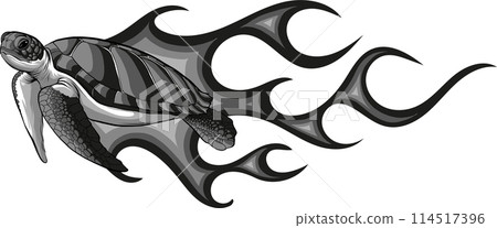Monochrome sea turtle with flames on white background Monochrome sea turtle with flames on white background 114517396
