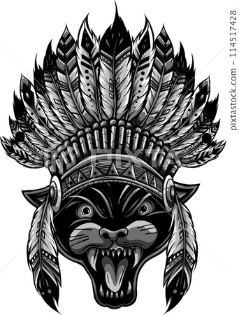 monochrome Black panther, puma. Head of animal. Wild cat portrait. Indian headdress with feathers. monochrome Black panther, puma. Head of animal. Wild cat portrait. Indian headdress with feathers. 114517428