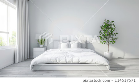 Bright Contemporary Bedroom with White Linen and Natural Plant Accents Bright Contemporary Bedroom with White Linen and Natural Plant Accents 114517571