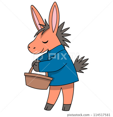 The donkey is standing walking carrying a shopping basket to pick vegetables in the garden The donkey is standing walking carrying a shopping basket to pick vegetables in the garden 114517581