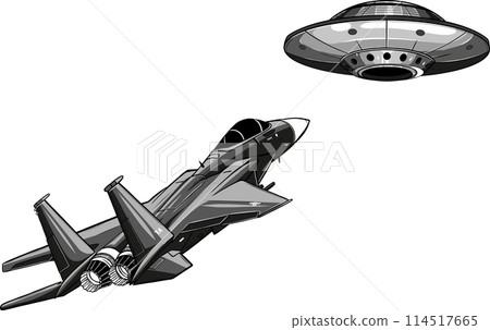 vector monochrome military jet fight with ufo 114517665