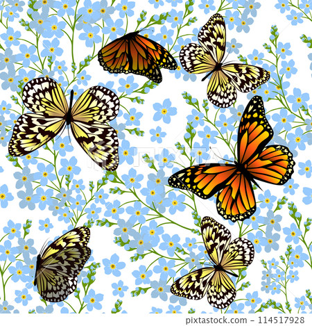 Seamless pattern of blue forget-me-nots with butterflies. Hand drawing. Not AI. Vector illustration Seamless pattern of blue forget-me-nots with butterflies. Hand drawing. Not AI. Vector illustration 114517928