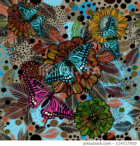 Beautiful graphic floral seamless abstraction with butterflies and flowers. Vector illustration 114517930