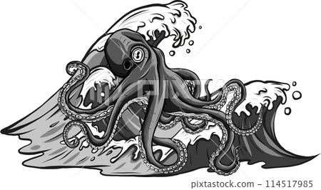 vector illustration of monochrome octopus with wave vector illustration of monochrome octopus with wave 114517985