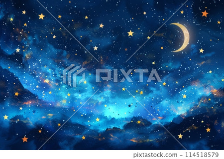 Watercolor illustration of Blue Night Sky with golden Stars and Moon. Fairy Tale Night Background Banner. 114518579