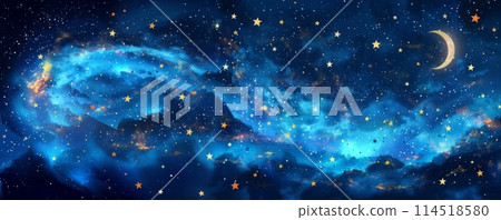Watercolor illustration of Blue Night Sky with golden Stars and Moon. Fairy Tale Night Background Banner. 114518580