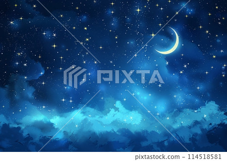 Watercolor illustration of Blue Night Sky with golden Stars and Moon. Fairy Tale Night Background Banner. 114518581