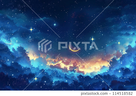 Watercolor illustration of Blue Night Sky with golden Stars and Moon. Fairy Tale Night Background Banner. Watercolor illustration of Blue Night Sky with golden Stars and Moon. Fairy Tale Night Background Banner. 114518582