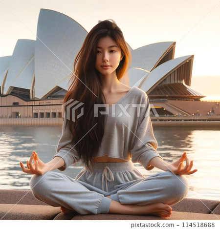 我畫了一個20歲的日本美女,在雪梨歌劇院前看日出冥想。 我畫了一個20歲的日本美女,在雪梨歌劇院前看日出冥想。 114518688