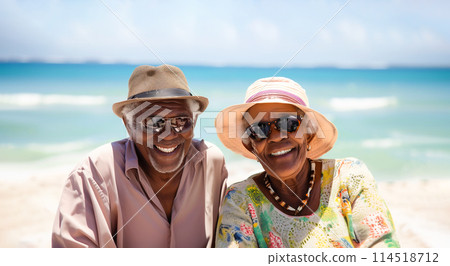 Happy African American Senior Couple Enjoys Vacation, Time on the Beach, Blue Ocean or Sea on Background. Portrait of Happy Smiling Elderly People. Insurance or Traveling, Retirement. AI Generated Happy African American Senior Couple Enjoys Vacation, Time on the Beach, Blue Ocean or Sea on Background. Portrait of Happy Smiling Elderly People. Insurance or Traveling, Retirement. AI Generated 114518712