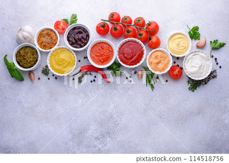 Set of different sauces. Ketchup, mustard and mayonnaise 114518756