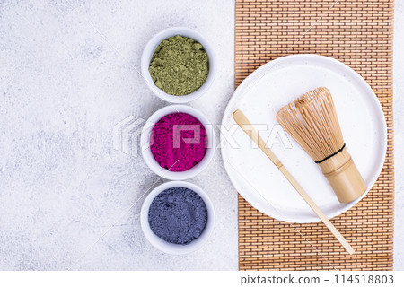 Green, blue and pink matcha powder Green, blue and pink matcha powder 114518803
