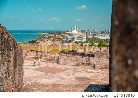 View from Castillo San Cristobal -fort, castle- in Old San Juan in Puerto Rico to the new modern city 114518810