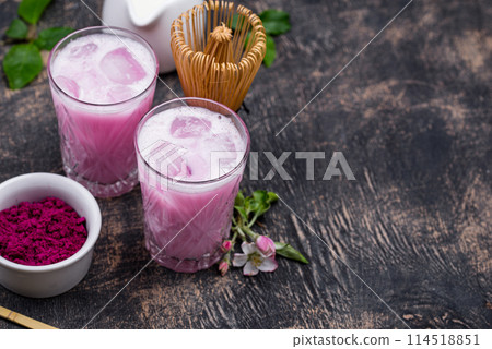 Pink matcha ice latte with milk Pink matcha ice latte with milk 114518851
