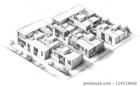 Pencil sketch of project for modern minimalistic multi purpose buildings. Generative Ai 114519080