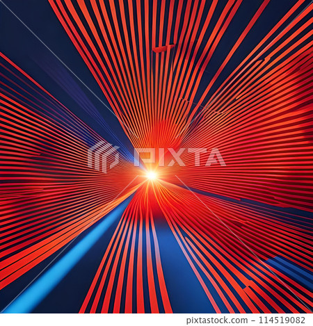 Digital illustration of red and orange light rays, stripes lines with blue light background. Generative Ai Digital illustration of red and orange light rays, stripes lines with blue light background. Generative Ai 114519082