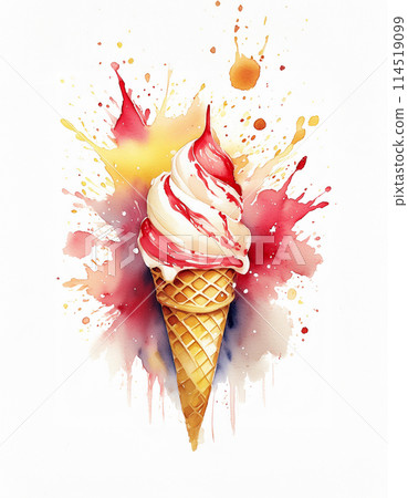 Vibrant illustration of an ice cream cone with colorful splashes and red syrup drizzle 114519099