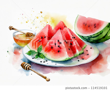 Watercolor painting of watermelon slices on a plate, a half-cut watermelon, and honey drizzling from a dipper 114519101