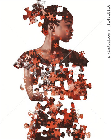 Profile of a beautiful woman made up of puzzle pieces 114519116