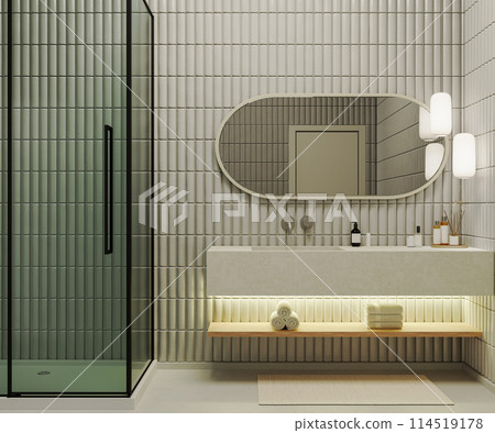 Modern bathroom interior with  shower cabin and stone sink with mirror, cosmetics and towels, 3d rendering 114519178