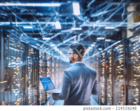 Tech Guru in futuristic data center, using laptop in warehouse. Cloud, Web Services concept. Generative Ai 114519246