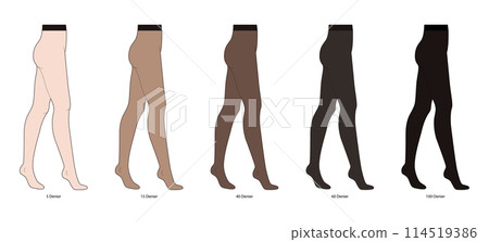 Set of different Den Denier Opaques Tights Pantyhose on legs. Fashion accessory clothing technical illustration stocking Set of different Den Denier Opaques Tights Pantyhose on legs. Fashion accessory clothing technical illustration stocking 114519386