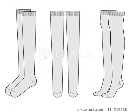 Over-the-knee Socks length set. Fashion hosiery accessory clothing technical illustration stocking. Vector front, side 114519388