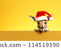 A funny kangaroo in a red cap of Santa Claus on bright yellow background. Banner with kangaroo and free space. Christmas or new year concept 114519390