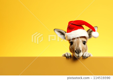 A funny kangaroo in a red cap of Santa Claus on bright yellow background. Banner with kangaroo and free space. Christmas or new year concept 114519390