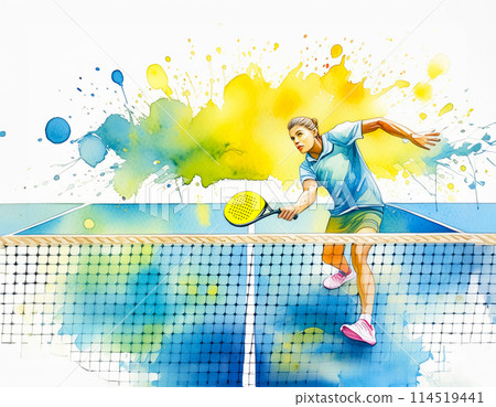 A vibrant padel player swings a racket on a colorful court A vibrant padel player swings a racket on a colorful court 114519441