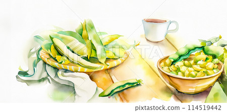 Watercolor of fresh and raw green broad beans on wooden table Watercolor of fresh and raw green broad beans on wooden table 114519442