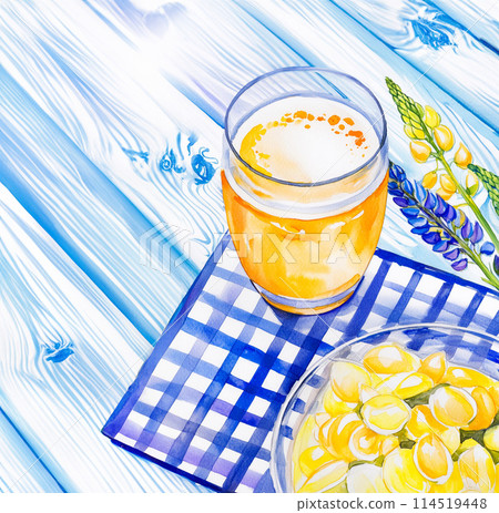 Watercolor illustration of tasty lupins in metal mug on wooden table top 114519448
