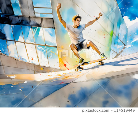 Dynamic urban skate scene with a mid-air trick and vibrant splashes 114519449