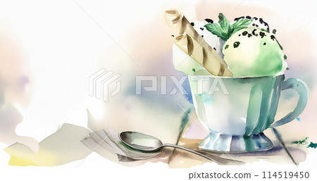 Watercolor of vanilla and mint ice cream in cup on wooden vintage style background 114519450