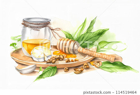 A jar of golden honey, wooden dipper, almonds, and green leaves on a rustic platter. Organic, wholesome, and artful 114519464