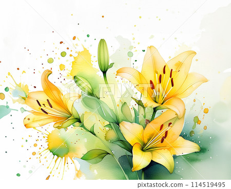 A vibrant mix of yellow lilies and green hues, this artwork captures the essence of spring 114519495