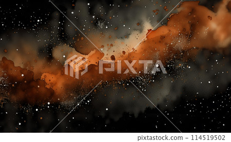 Abstract art with orange and black hues, splattered white dots create a cosmic or underwater scene 114519502
