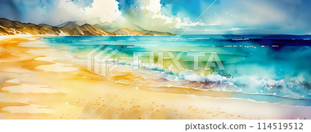 Serene beach at sunrise, with waves and a warm palette, evoking peace 114519512