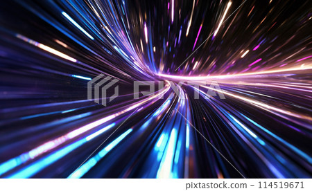 A dynamic burst of blue and purple light streaks creating a sense of speed and technology. Perfect visual representation of data flow 114519671